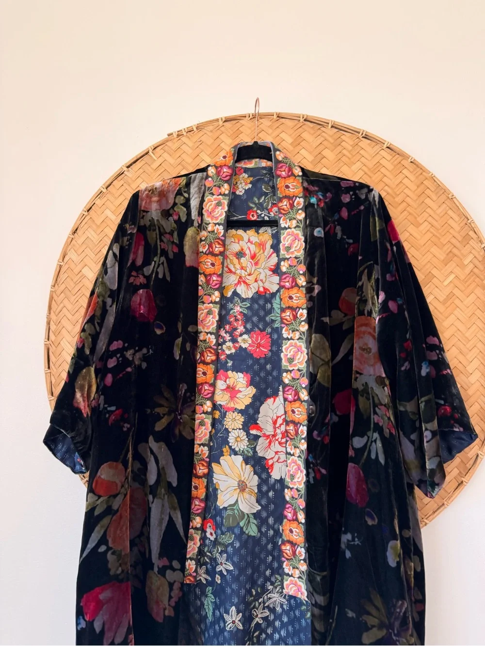 JOHNNY WAS PETITE KEHLANI REVERSIBLE FLORAL VELVET/SILK KIMONO EMBROIDERY BOHO